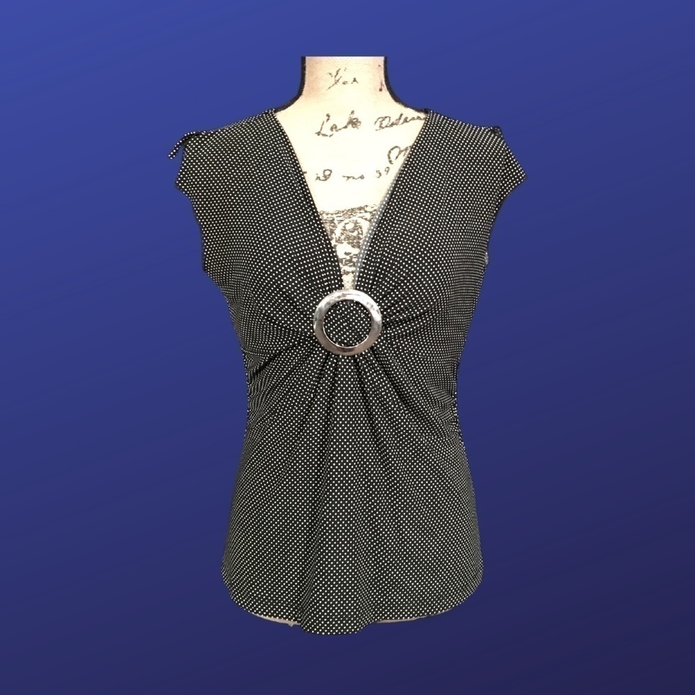 SUSAN LAWRENCE PETITE Sleeveless Top, BLACK/WHITE POLKA DOT , Size PL, EUC